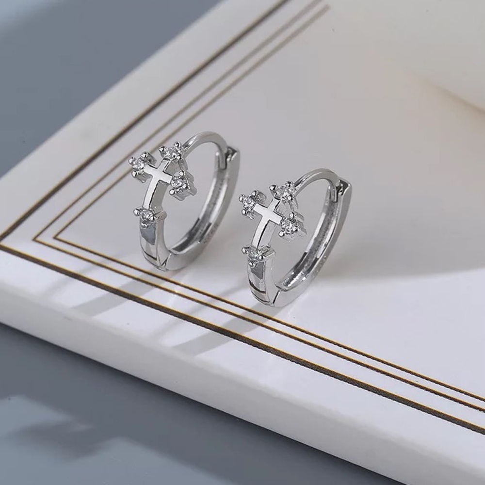 New 925 Sterling Silver Crystal Cross Huggie Hoops Earrings Set
